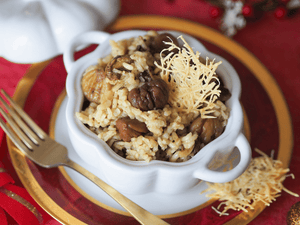 Recette risotto aux champignons, marrons et chips d'emmental beedeli